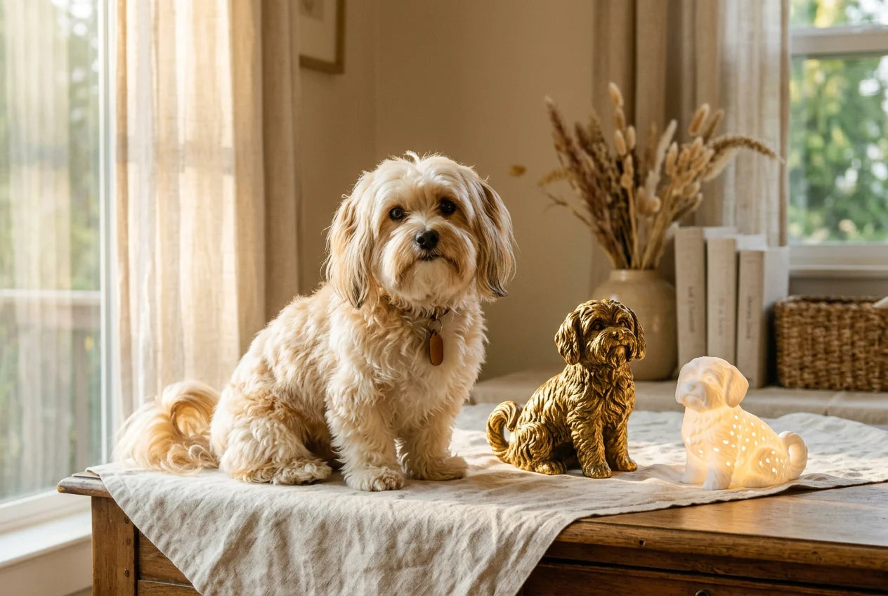 Havanese dog in a warm editorial interior with handcrafted sculpture and luminary
