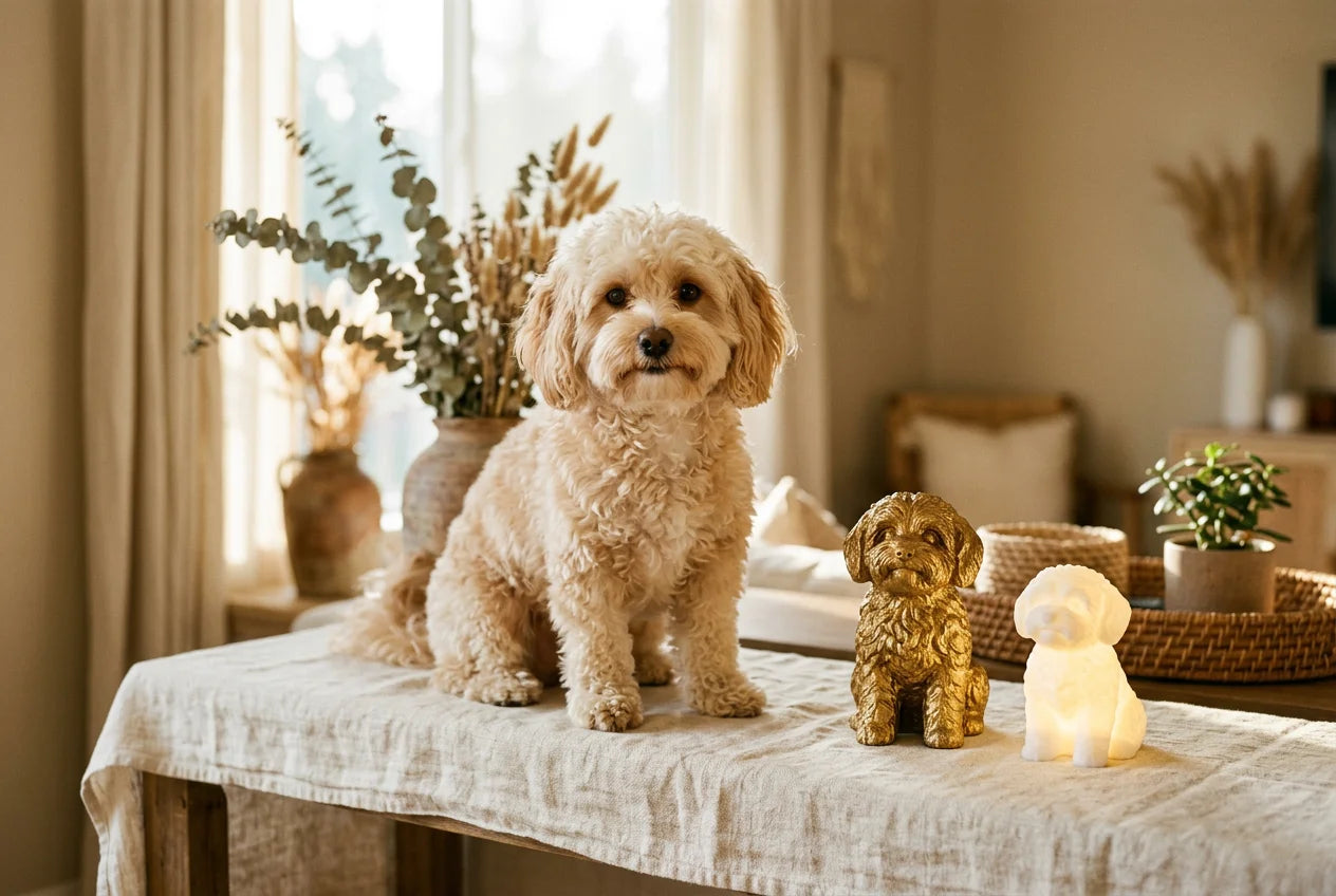 Havapoo dog in a warm editorial interior with handcrafted sculpture and luminary