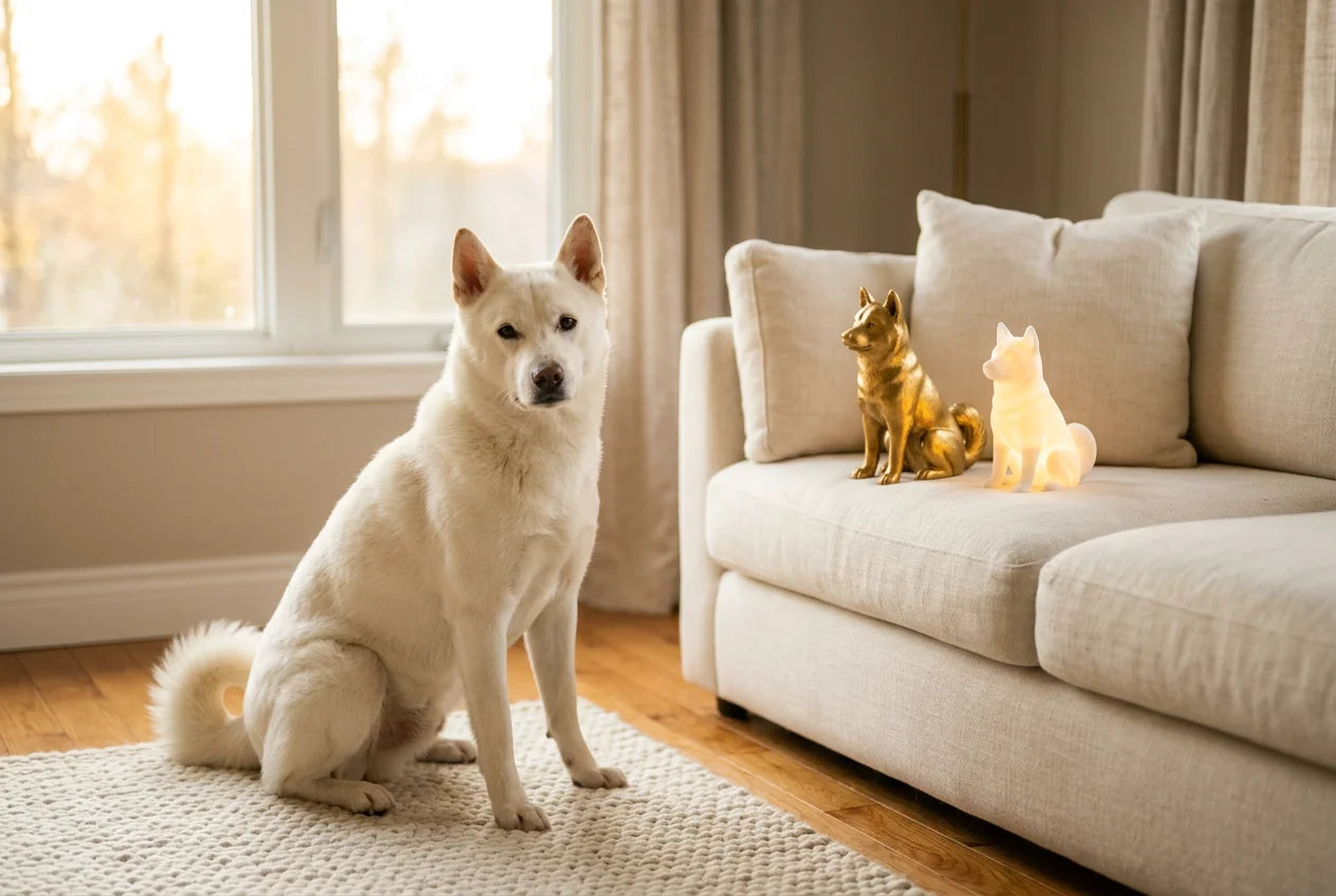 Hokkaido dog in a warm editorial interior with handcrafted sculpture and luminary