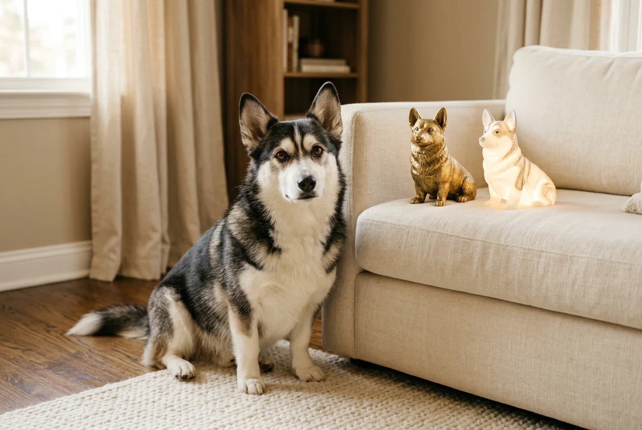 Horgi dog in a warm editorial interior with handcrafted sculpture and luminary
