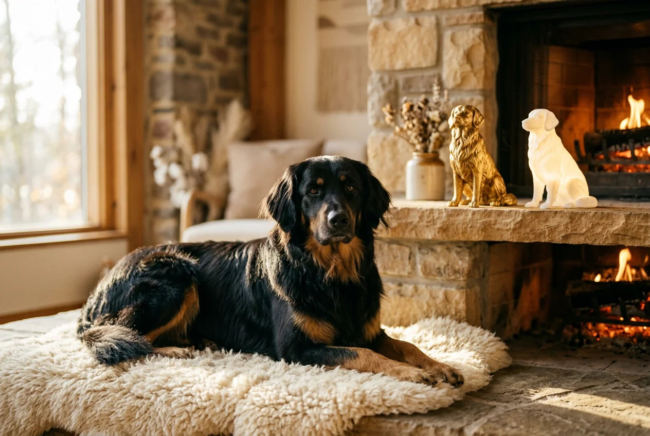 Hovawart dog in a warm editorial interior with handcrafted sculpture and luminary