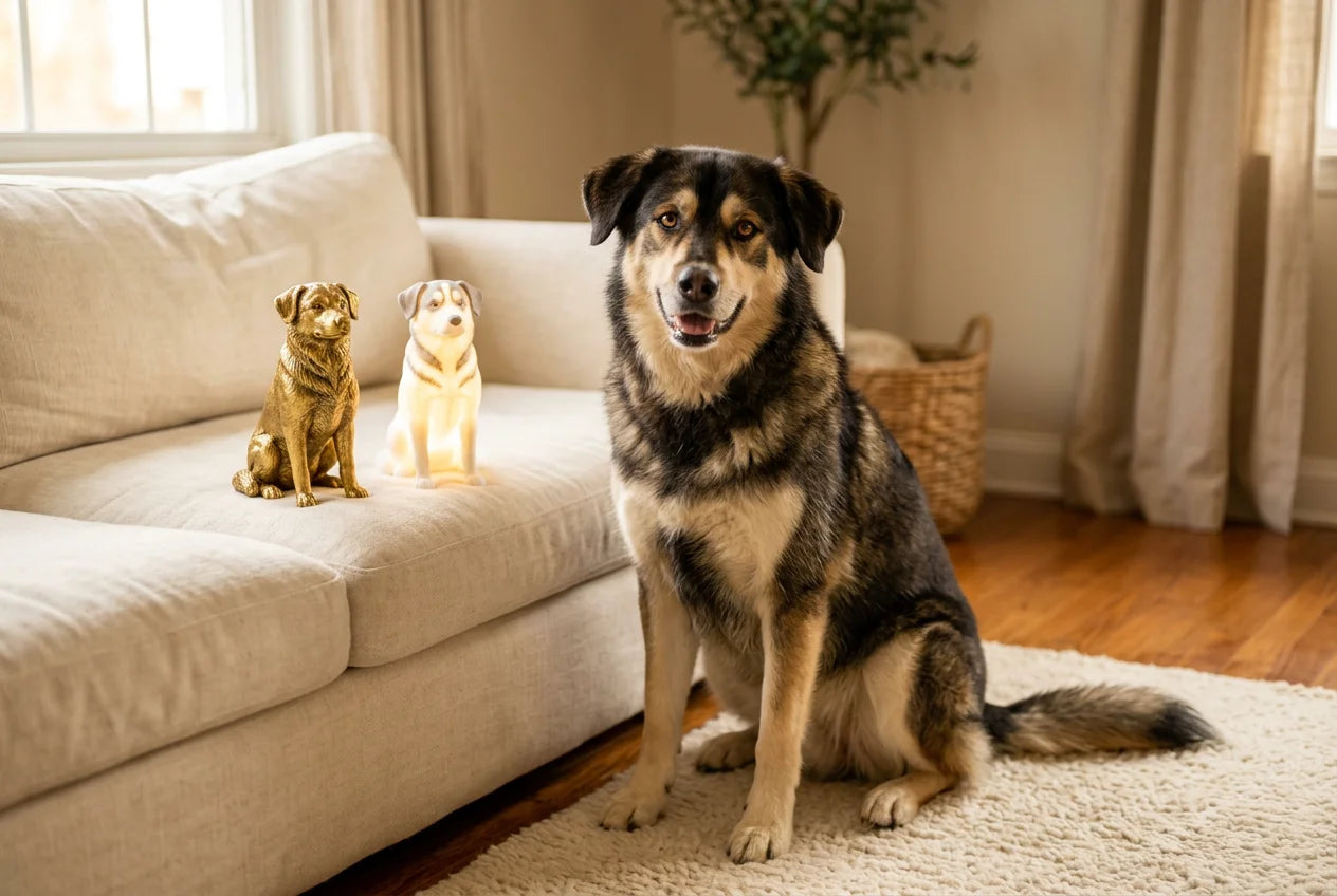 Huskador dog in a warm editorial interior with handcrafted sculpture and luminary