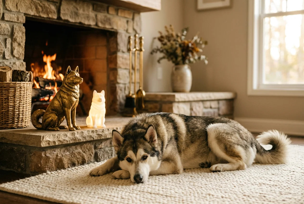 Huskita dog in a warm editorial interior with handcrafted sculpture and luminary