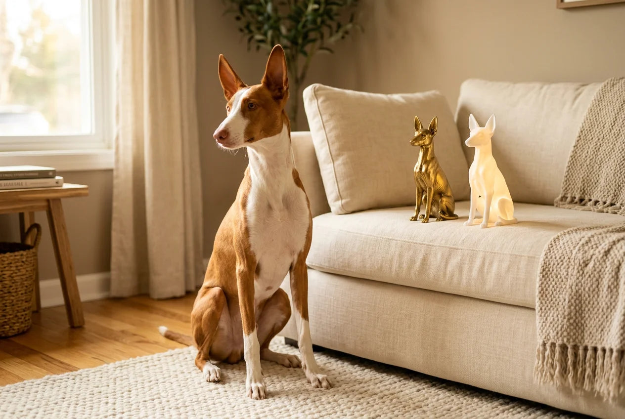 Ibizan Hound dog in a warm editorial interior with handcrafted sculpture and luminary