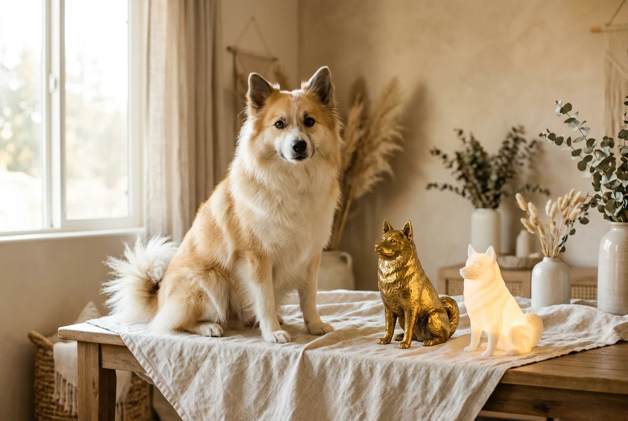 Icelandic Sheepdog dog in a warm editorial interior with handcrafted sculpture and luminary