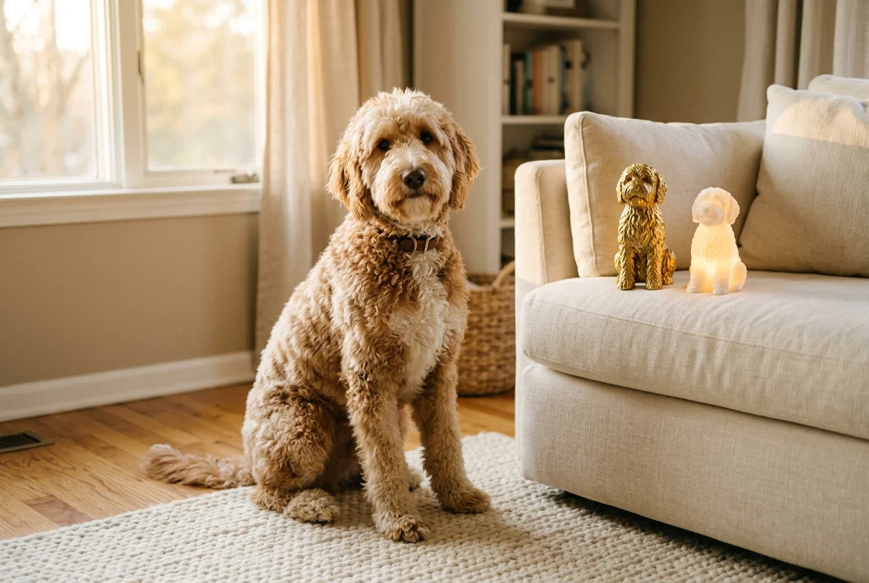 Irish Doodle dog in a warm editorial interior with handcrafted sculpture and luminary