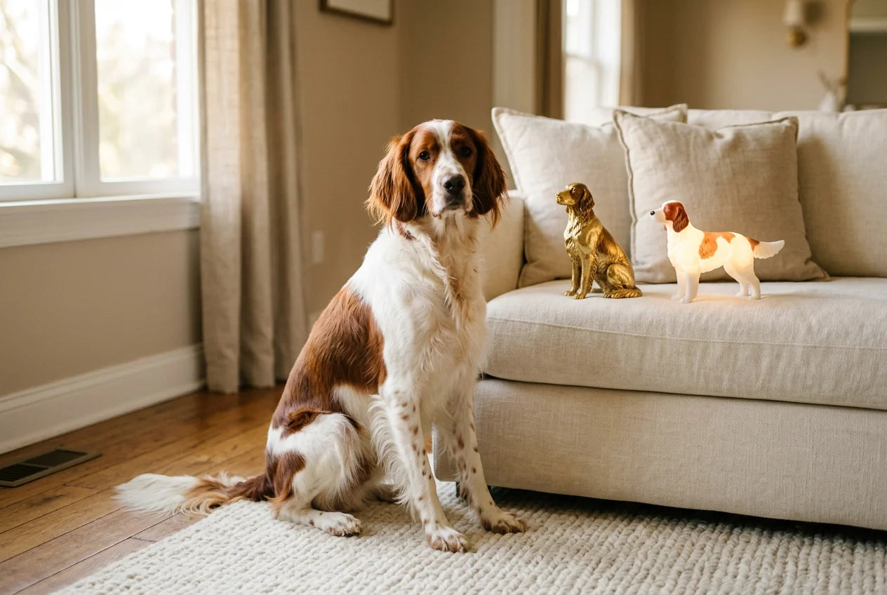 Irish Red and White Setter dog in a warm editorial interior with handcrafted sculpture and luminary