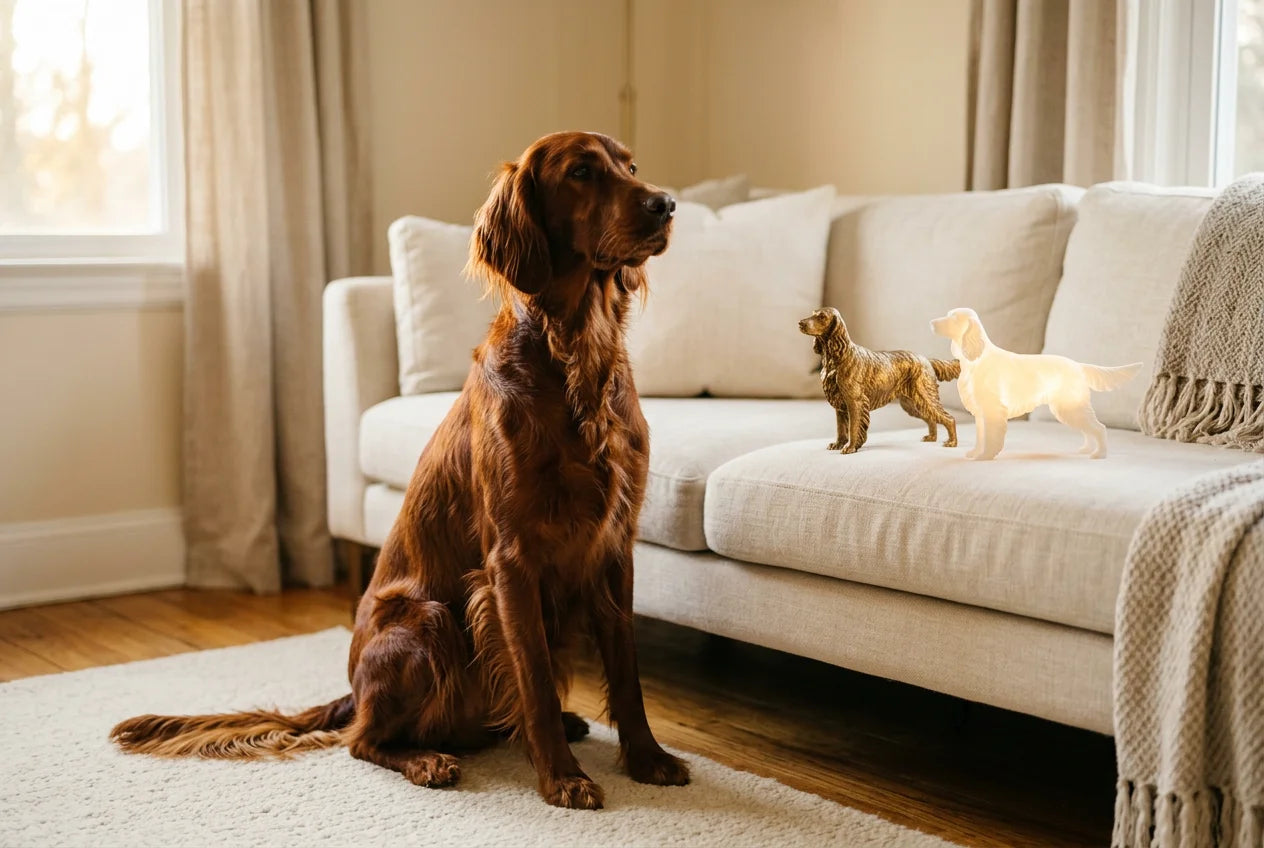 Irish Setter dog in a warm editorial interior with handcrafted sculpture and luminary