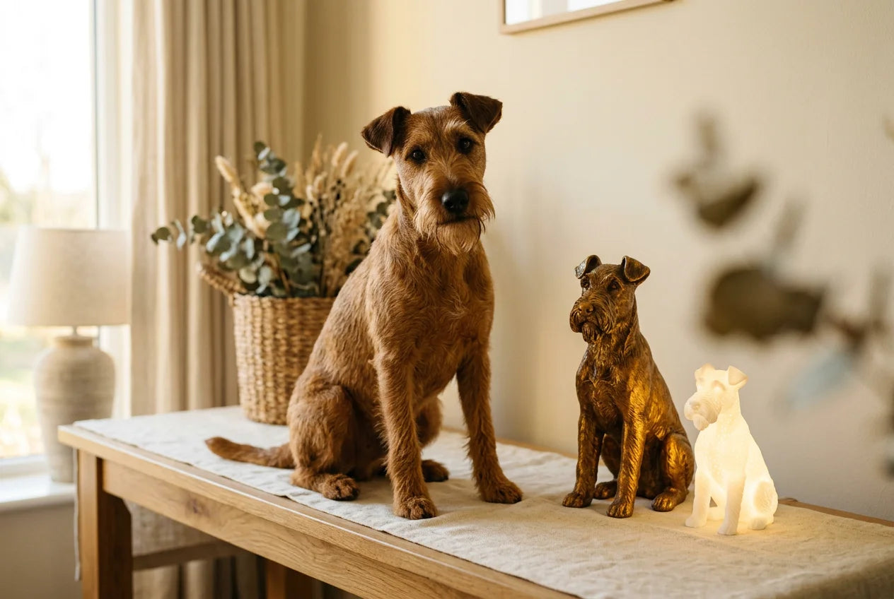 Irish Terrier dog in a warm editorial interior with handcrafted sculpture and luminary