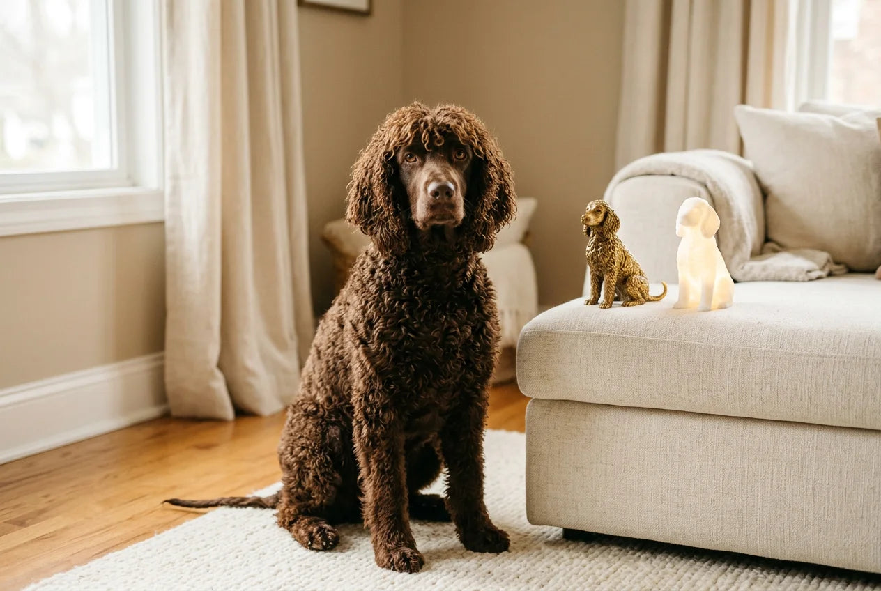 Irish Water Spaniel dog in a warm editorial interior with handcrafted sculpture and luminary