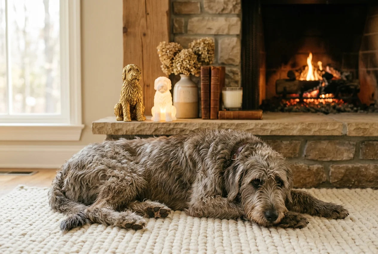 Irish Wolfadoodle dog in a warm editorial interior with handcrafted sculpture and luminary