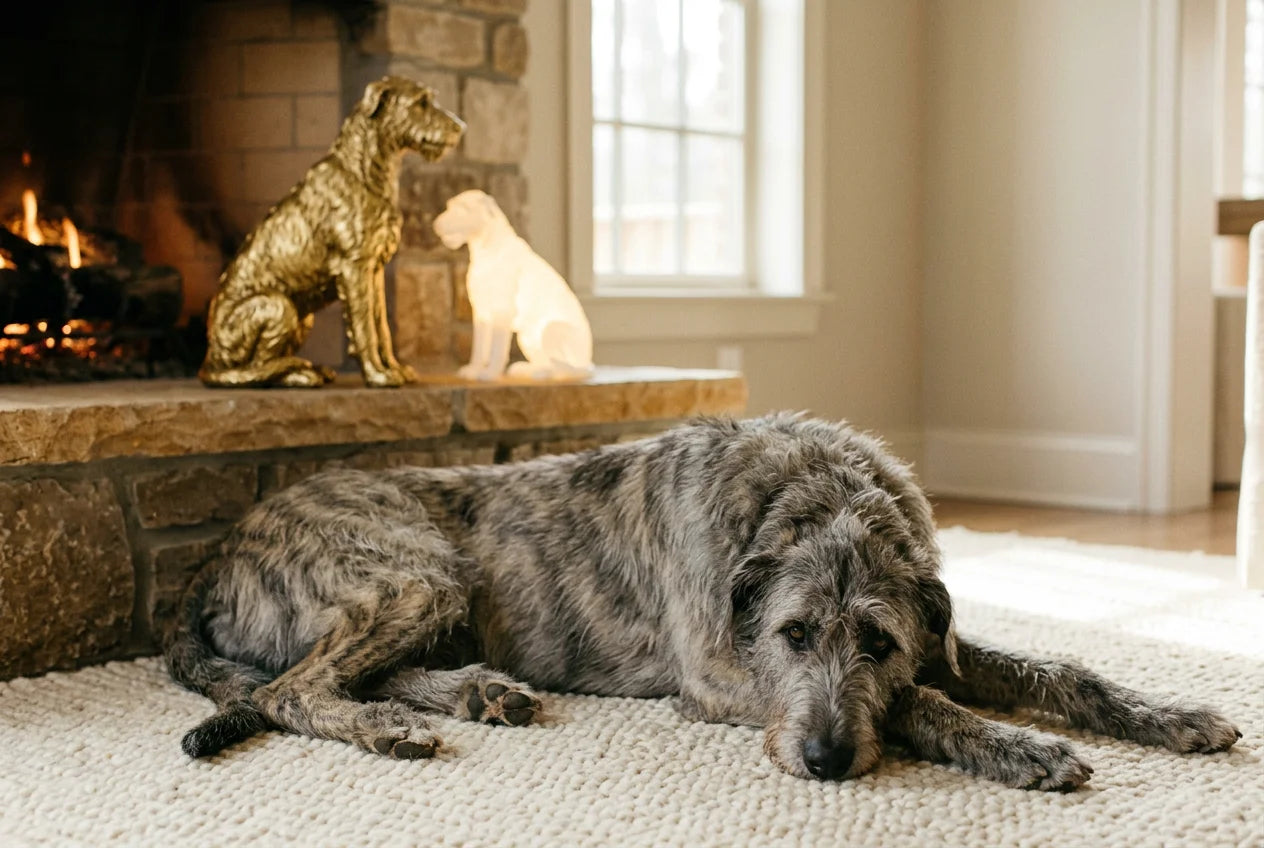 Irish Wolfhound dog in a warm editorial interior with handcrafted sculpture and luminary