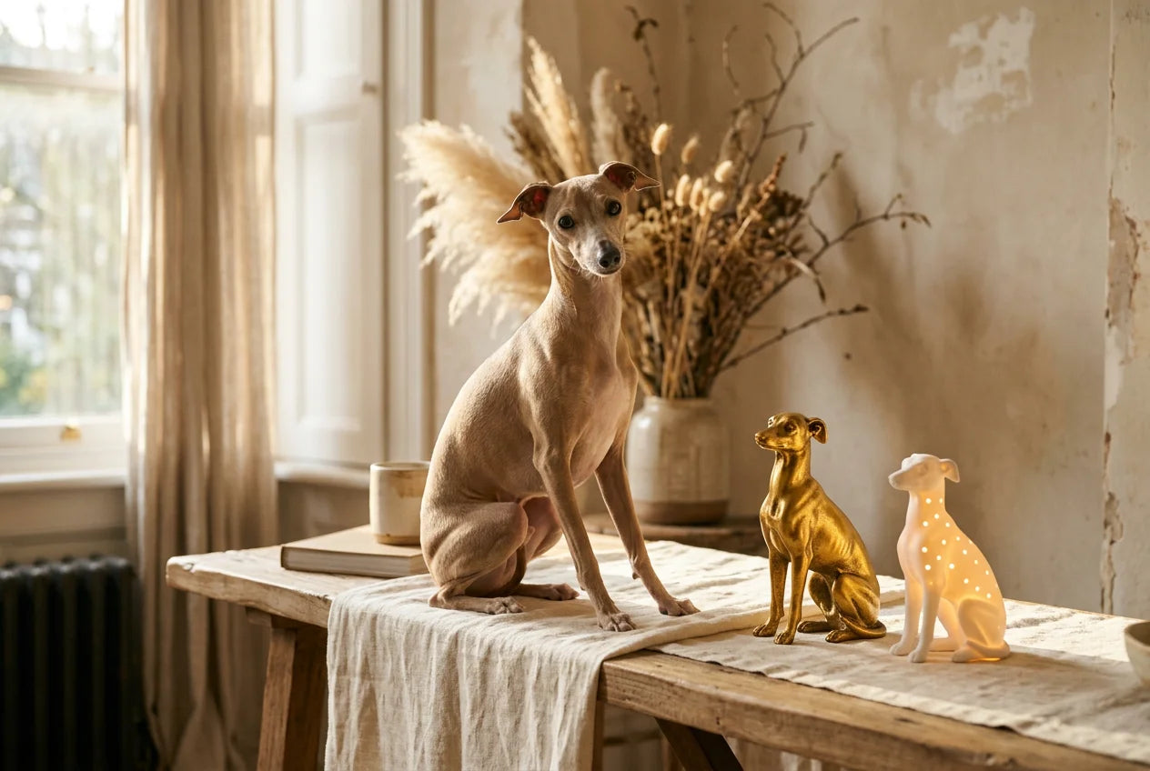Italian Greyhound dog in a warm editorial interior with handcrafted sculpture and luminary