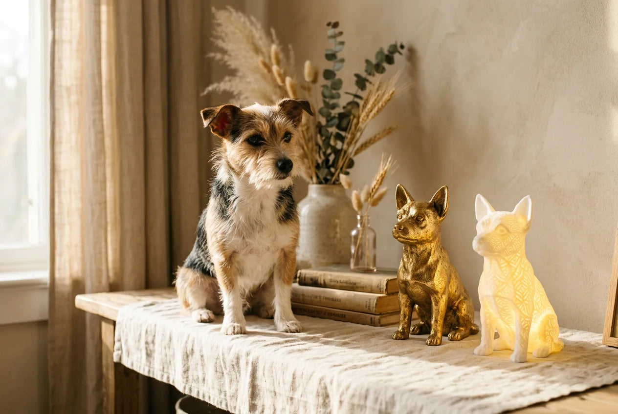 Jack Chi dog in a warm editorial interior with handcrafted sculpture and luminary