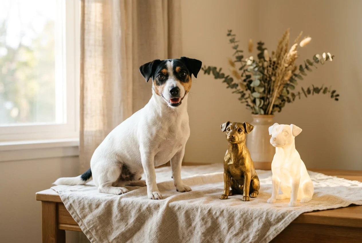 Jack Russell Terrier dog in a warm editorial interior with handcrafted sculpture and luminary