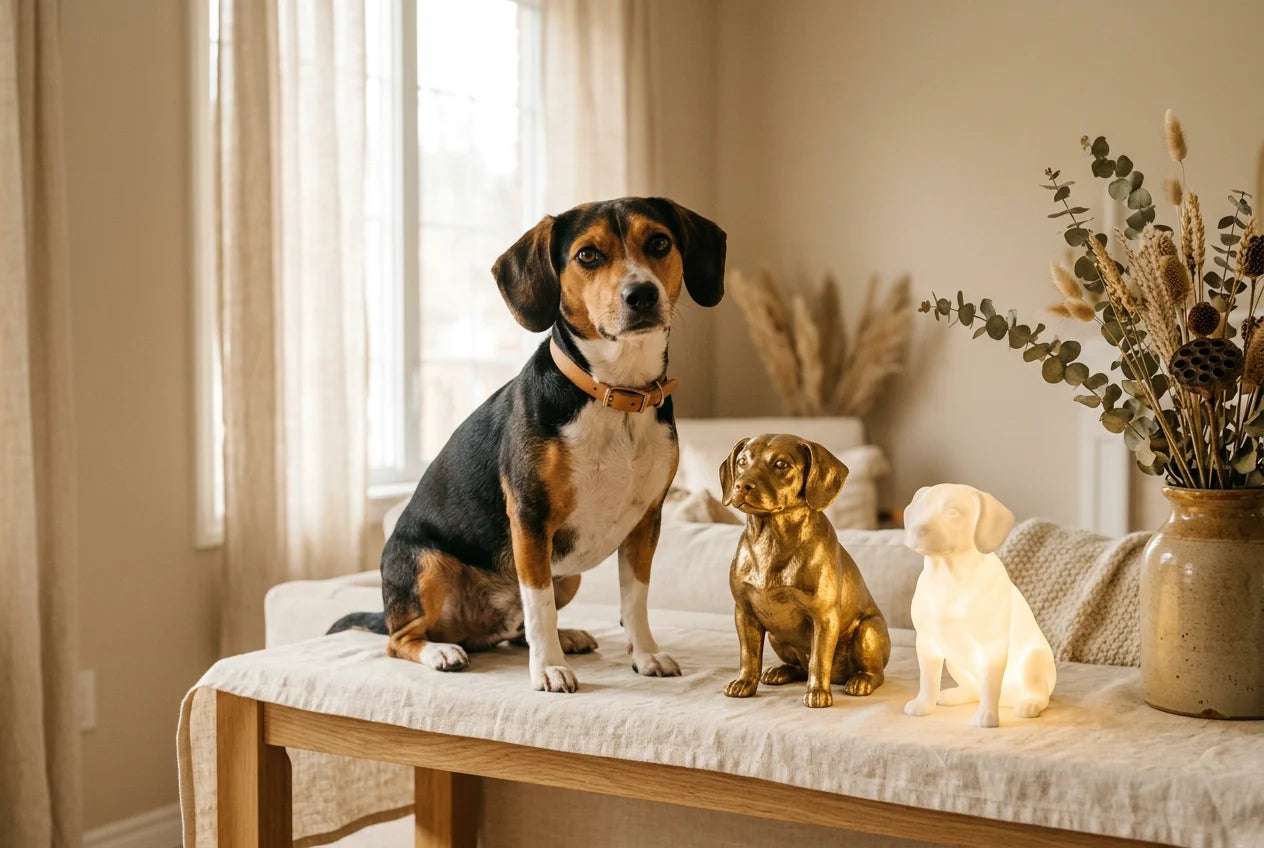 Jackabee dog in a warm editorial interior with handcrafted sculpture and luminary