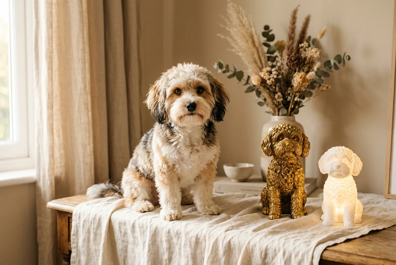 Jackapoo dog in a warm editorial interior with handcrafted sculpture and luminary
