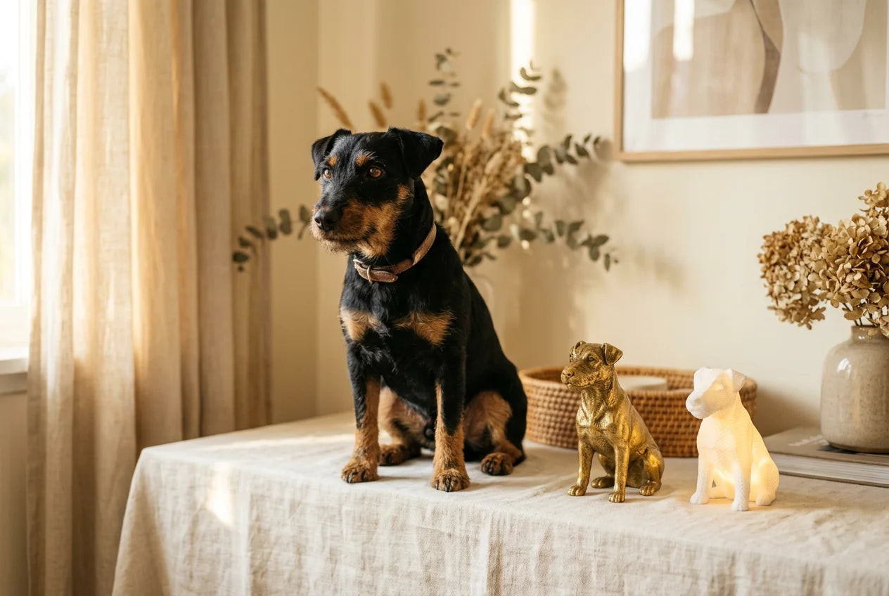 Jagdterrier dog in a warm editorial interior with handcrafted sculpture and luminary