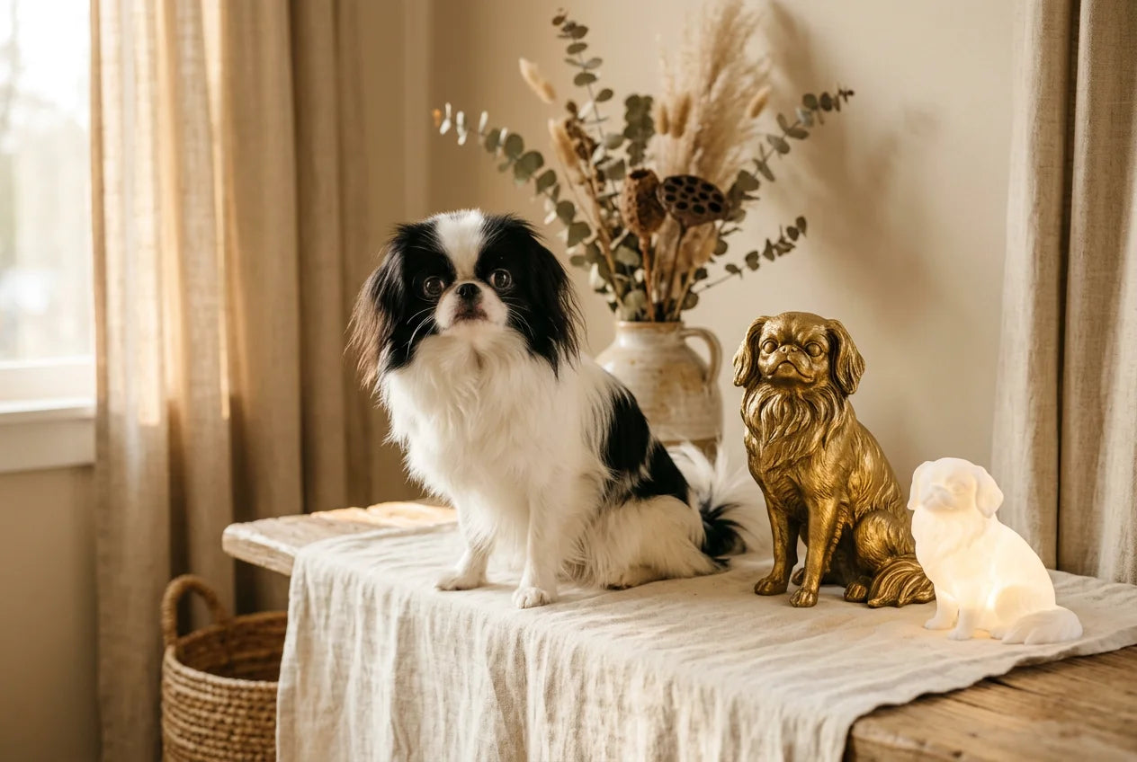 Japanese Chin dog in a warm editorial interior with handcrafted sculpture and luminary
