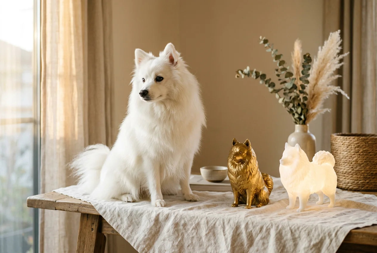 Japanese Spitz dog in a warm editorial interior with handcrafted sculpture and luminary