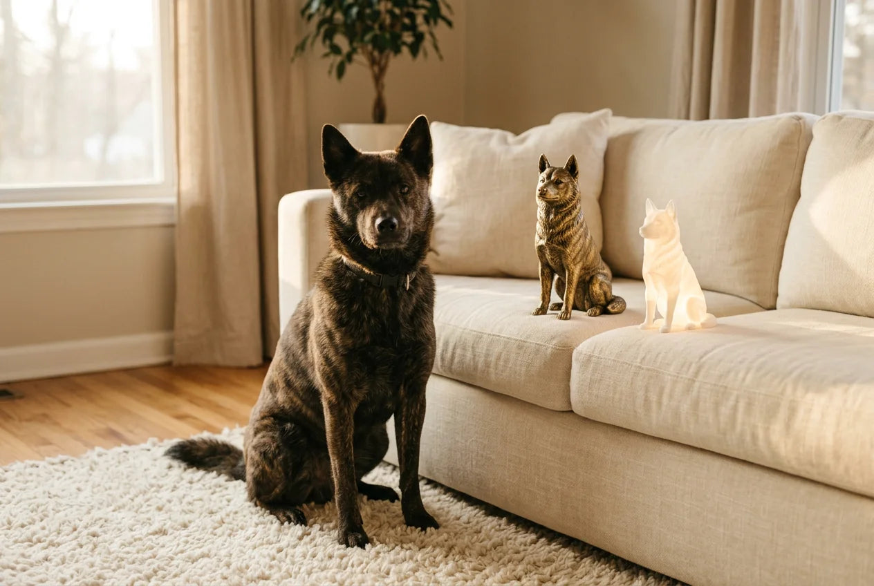 Kai Ken dog in a warm editorial interior with handcrafted sculpture and luminary