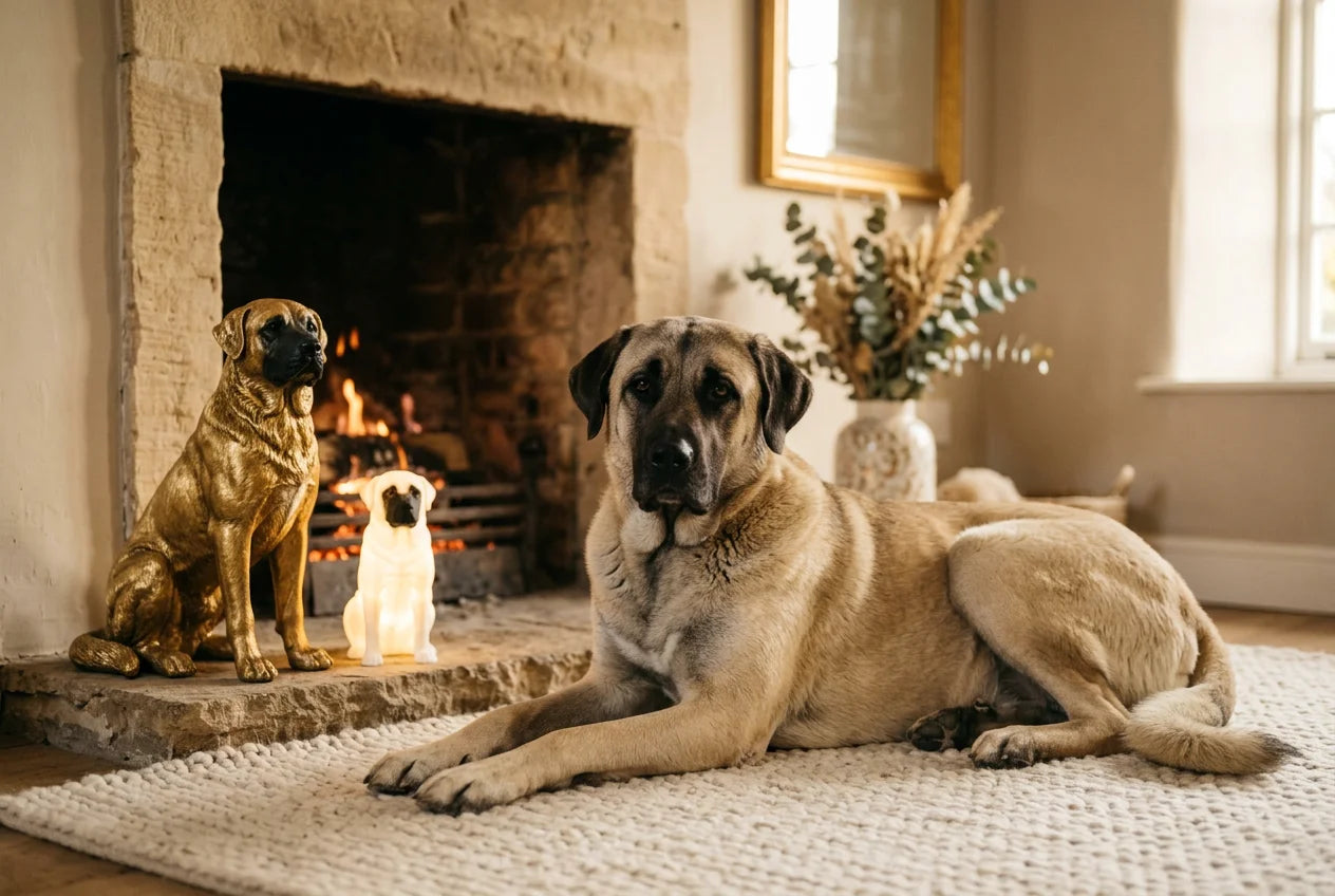 Kangal dog in a warm editorial interior with handcrafted sculpture and luminary
