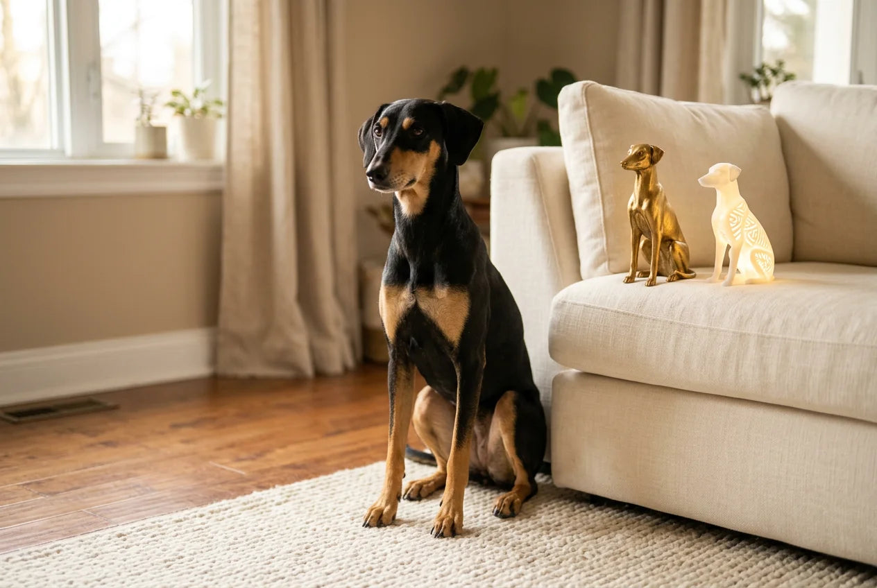 Kanni dog in a warm editorial interior with handcrafted sculpture and luminary