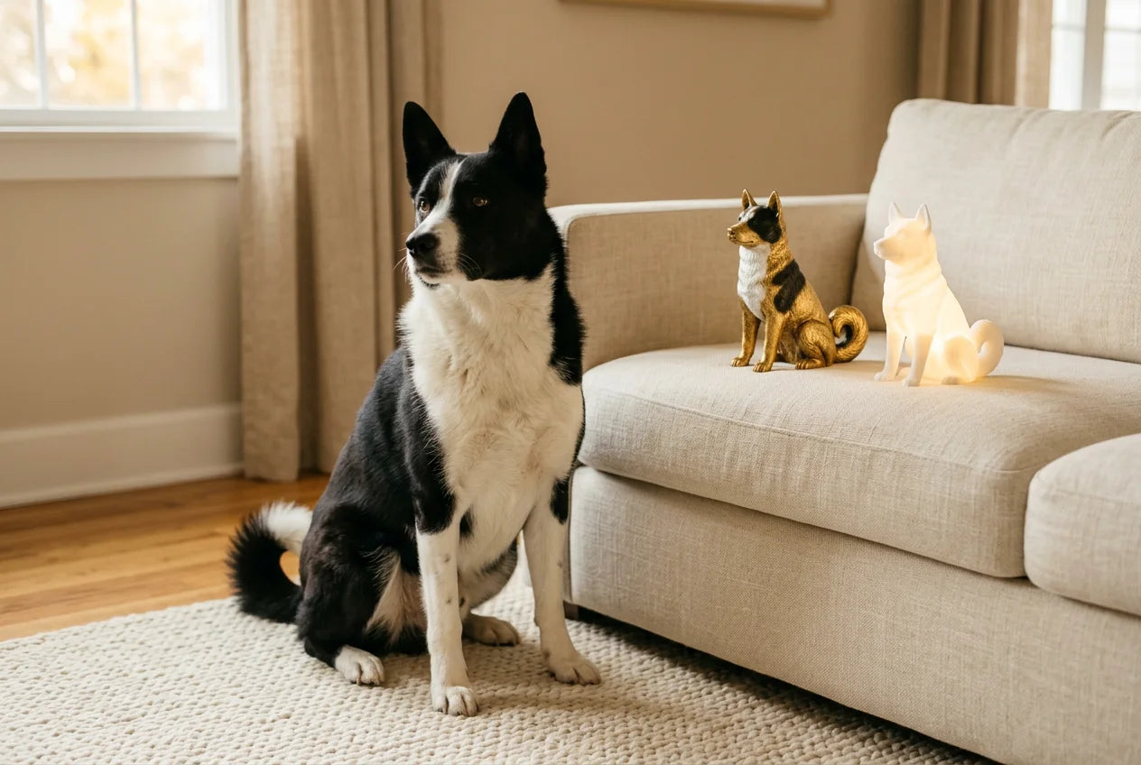 Karelian Bear Dog dog in a warm editorial interior with handcrafted sculpture and luminary