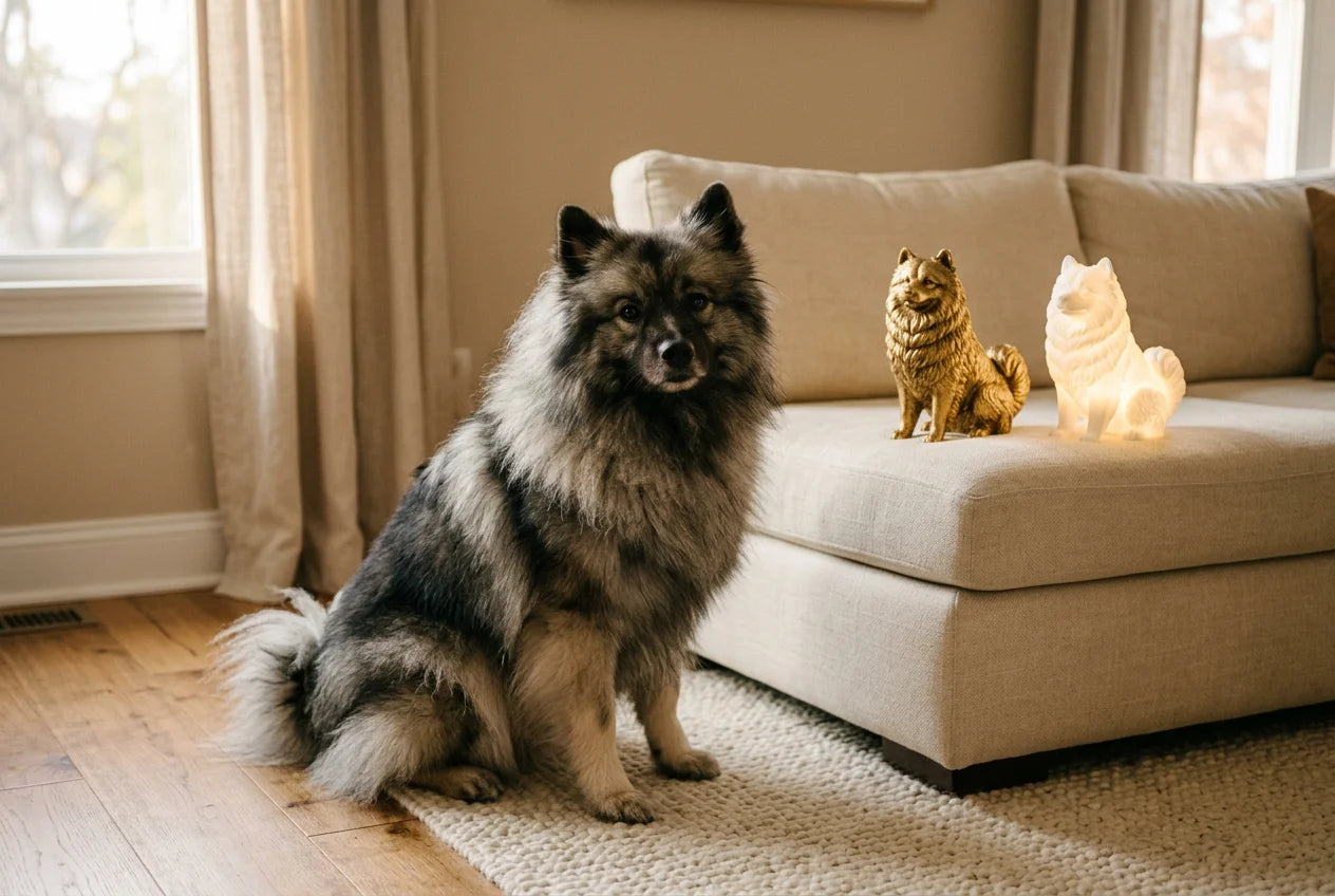 Keeshond dog in a warm editorial interior with handcrafted sculpture and luminary