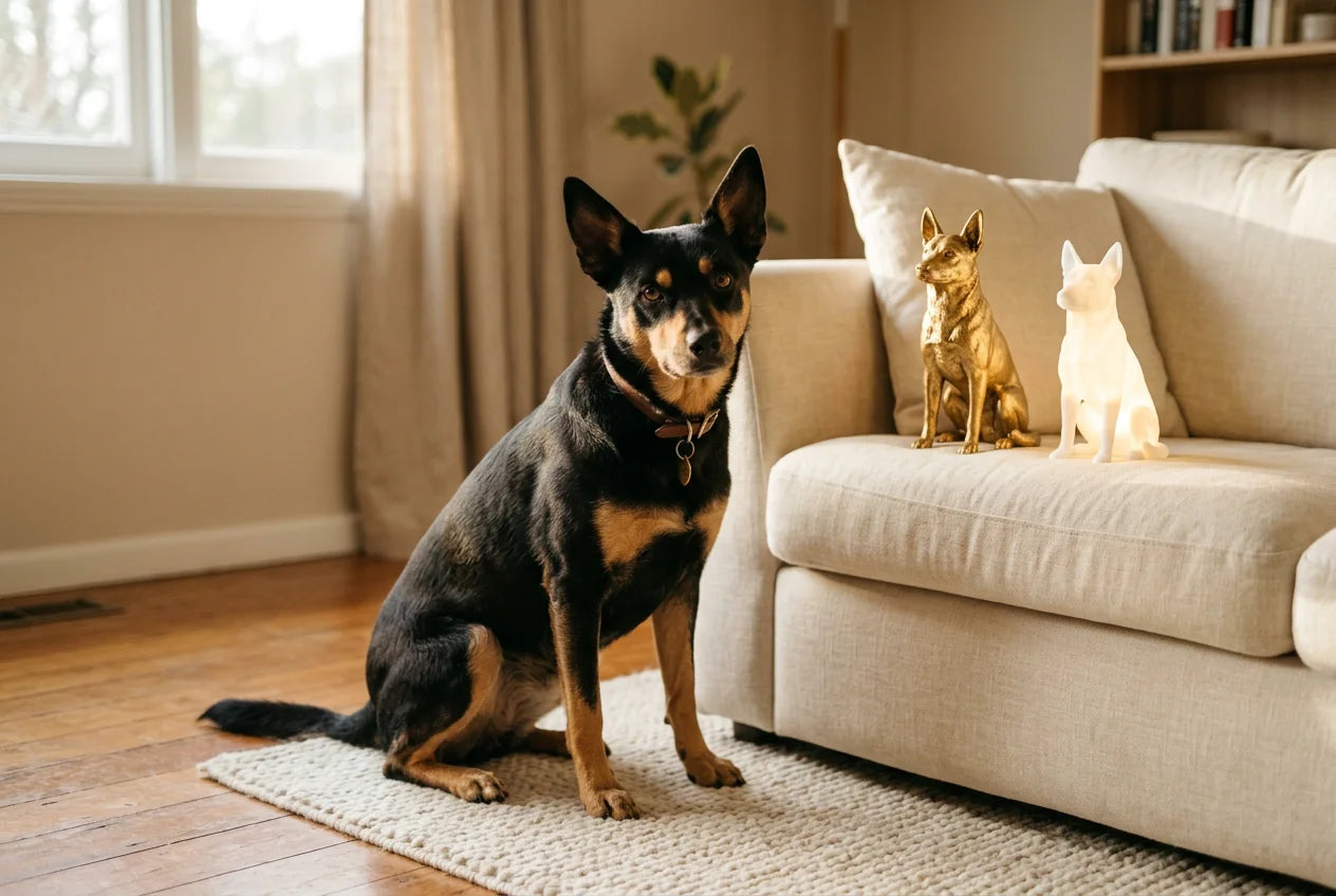 Kelpie dog in a warm editorial interior with handcrafted sculpture and luminary