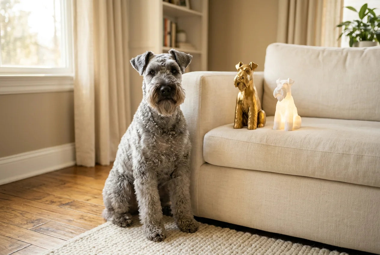 Kerry Blue Terrier dog in a warm editorial interior with handcrafted sculpture and luminary