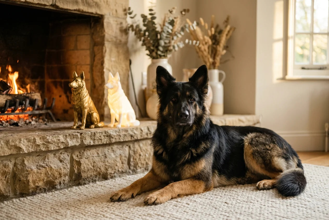 King Shepherd dog in a warm editorial interior with handcrafted sculpture and luminary