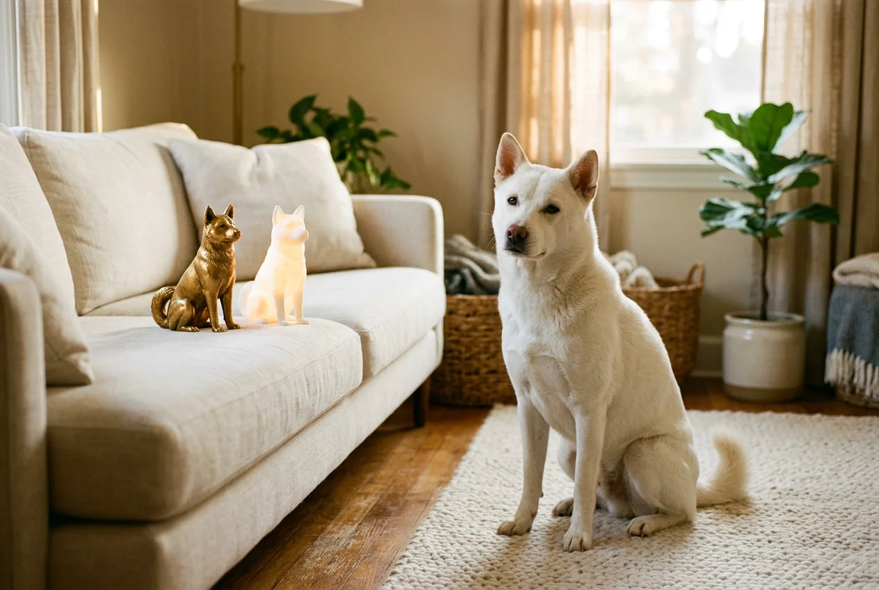 Kishu Ken dog in a warm editorial interior with handcrafted sculpture and luminary