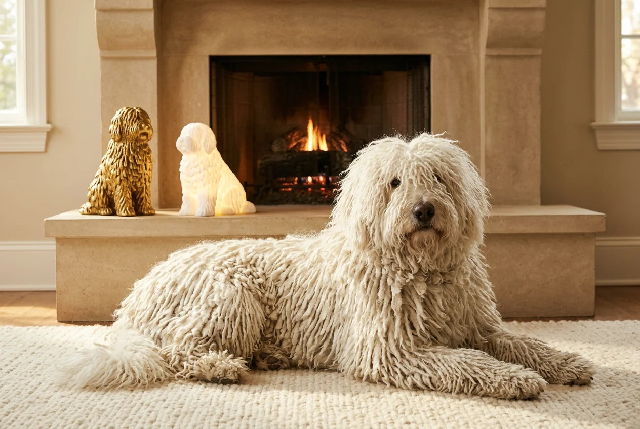 Komondor dog in a warm editorial interior with handcrafted sculpture and luminary