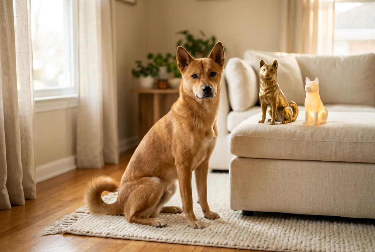Korean Jindo dog in a warm editorial interior with handcrafted sculpture and luminary