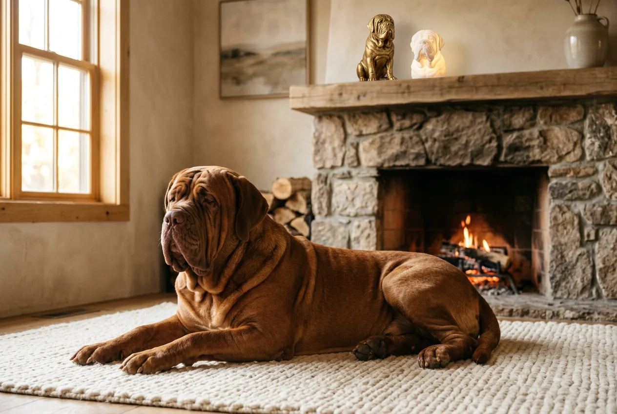 Korean Mastiff dog in a warm editorial interior with handcrafted sculpture and luminary