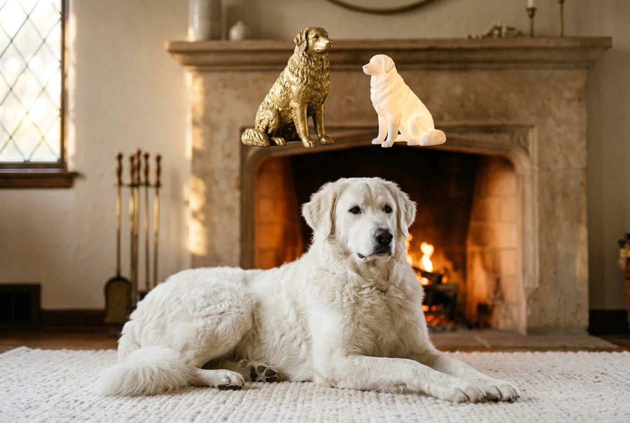 Kuvasz dog in a warm editorial interior with handcrafted sculpture and luminary
