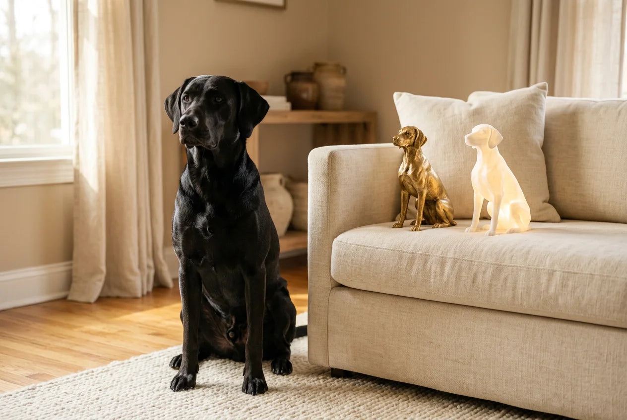 Labmaraner dog in a warm editorial interior with handcrafted sculpture and luminary