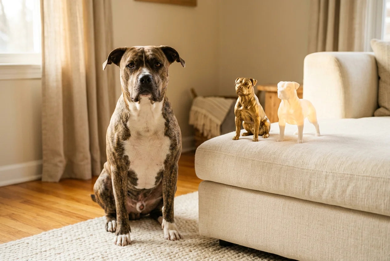 Labrabull dog in a warm editorial interior with handcrafted sculpture and luminary