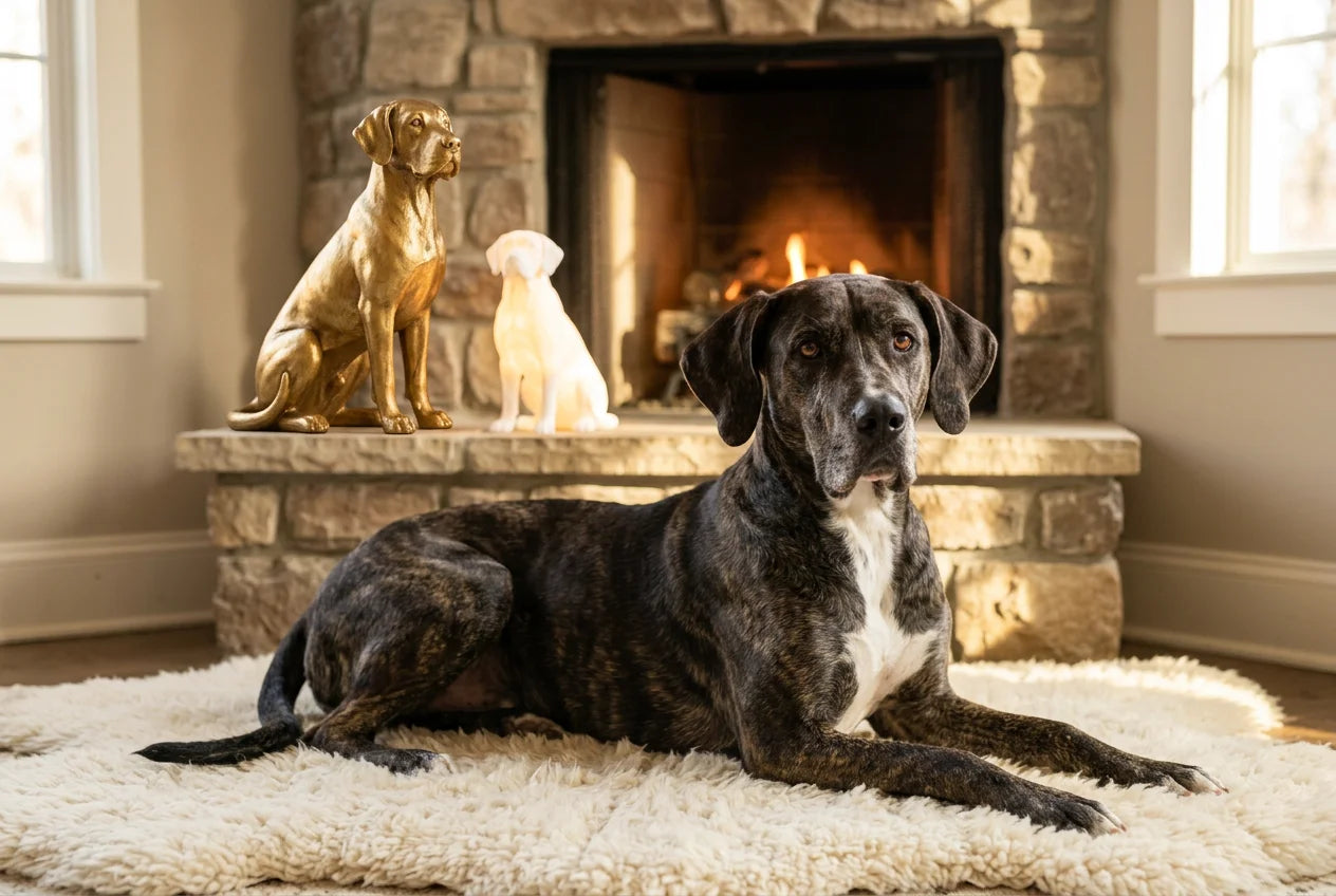 Labradane dog in a warm editorial interior with handcrafted sculpture and luminary