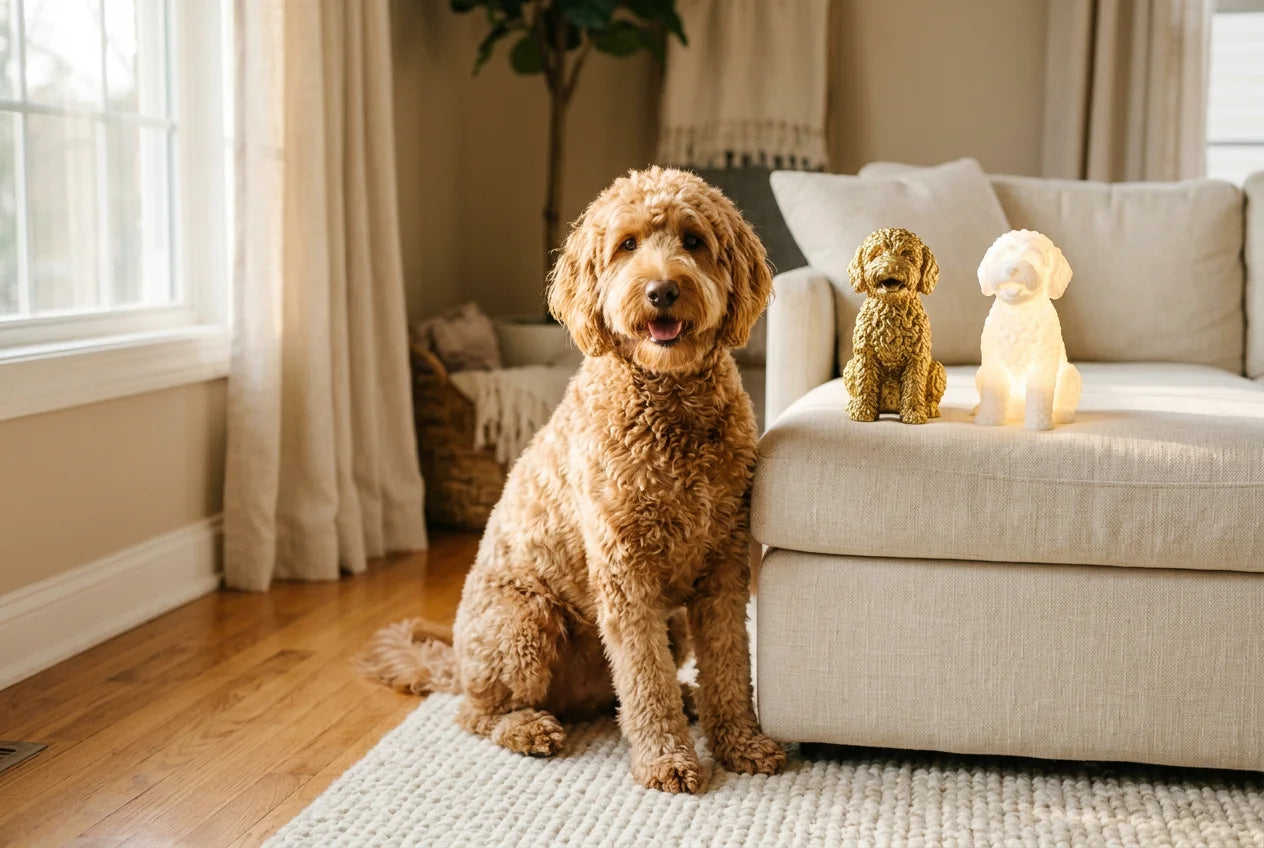 Labradoodle dog in a warm editorial interior with handcrafted sculpture and luminary