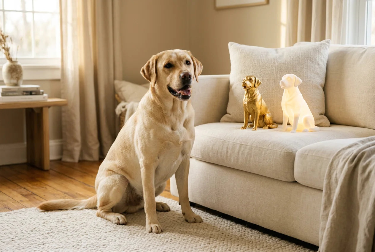 Labrador Retriever dog in a warm editorial interior with handcrafted sculpture and luminary