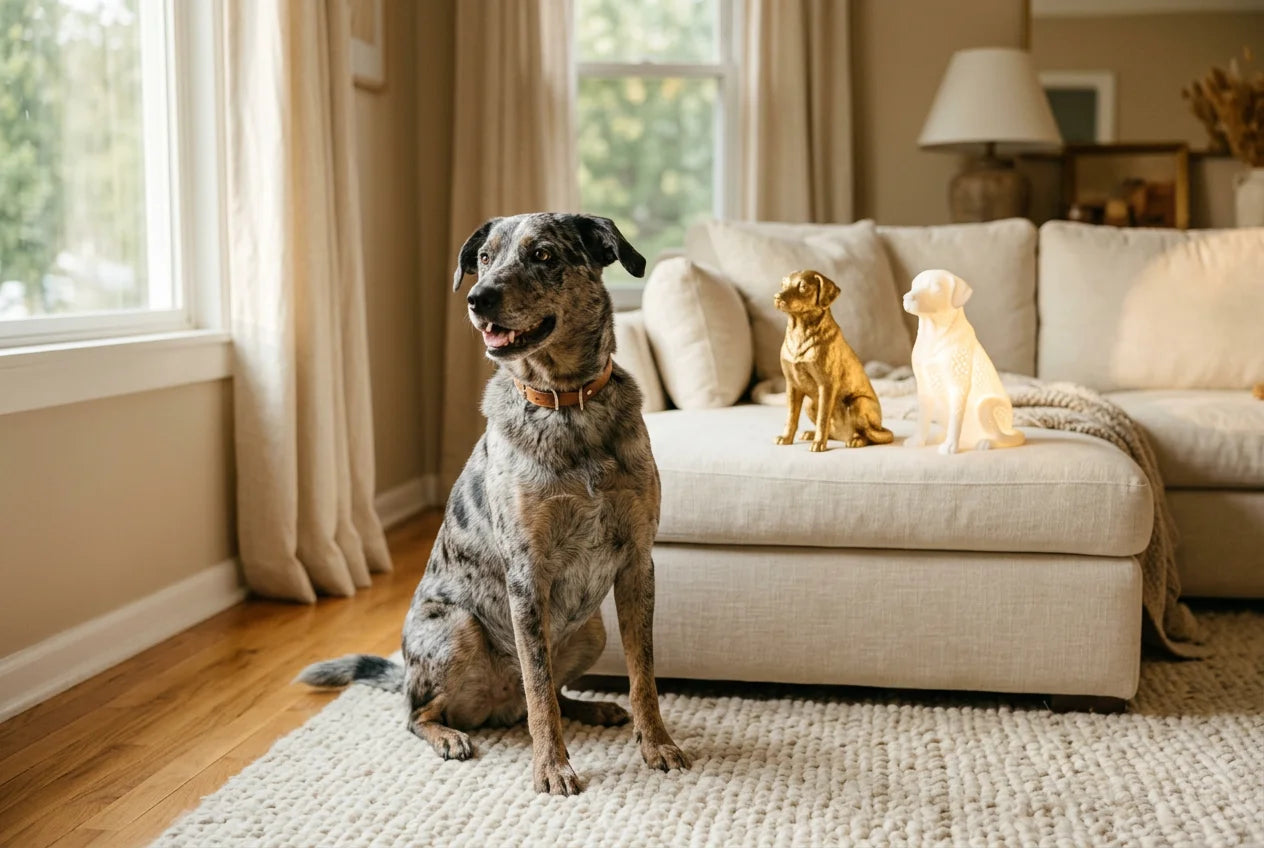Labraheeler dog in a warm editorial interior with handcrafted sculpture and luminary