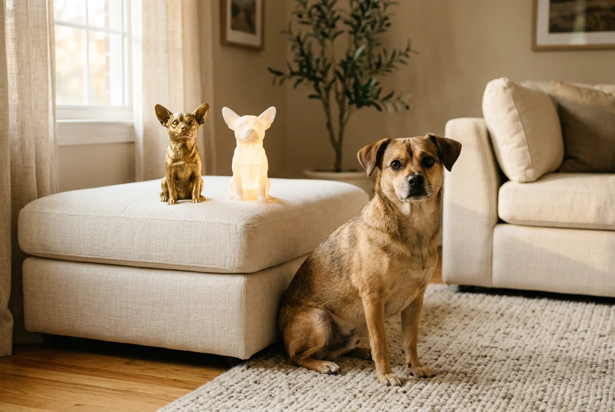 Labrahuahua dog in a warm editorial interior with handcrafted sculpture and luminary