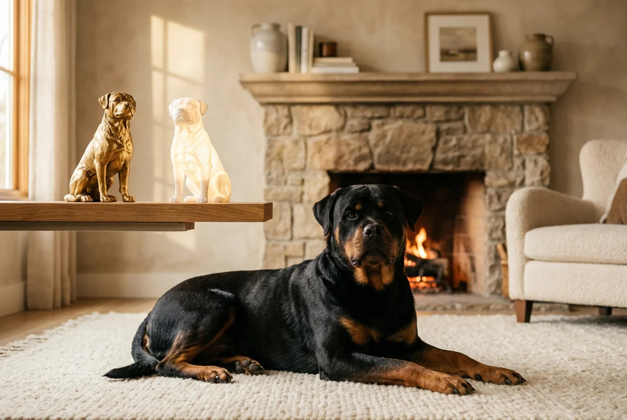 Labrottie dog in a warm editorial interior with handcrafted sculpture and luminary