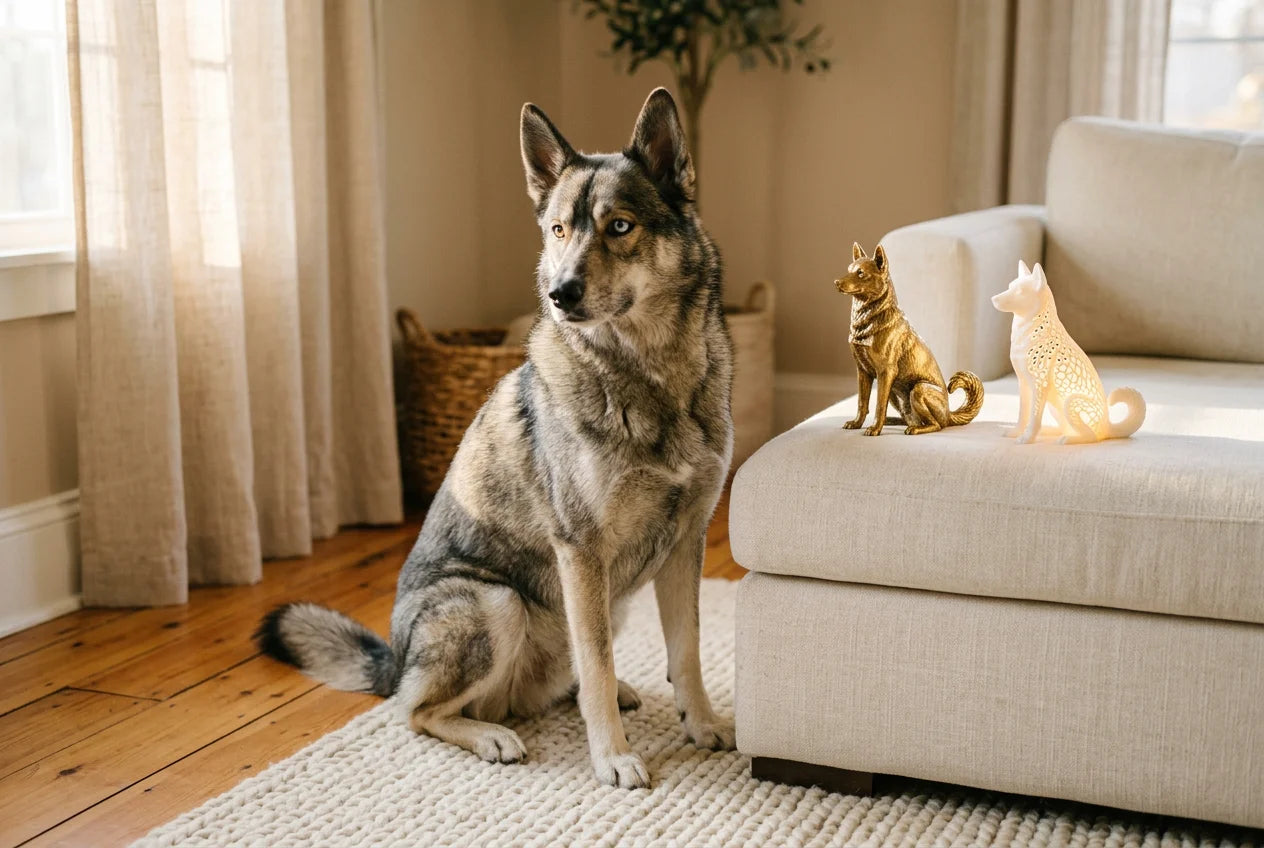 Labsky dog in a warm editorial interior with handcrafted sculpture and luminary
