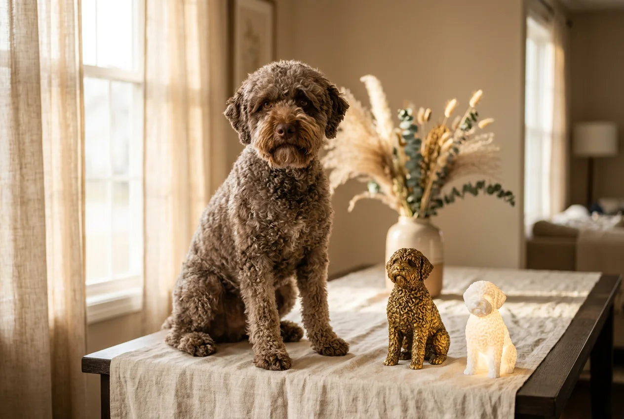 Lagotto Romagnolo dog in a warm editorial interior with handcrafted sculpture and luminary