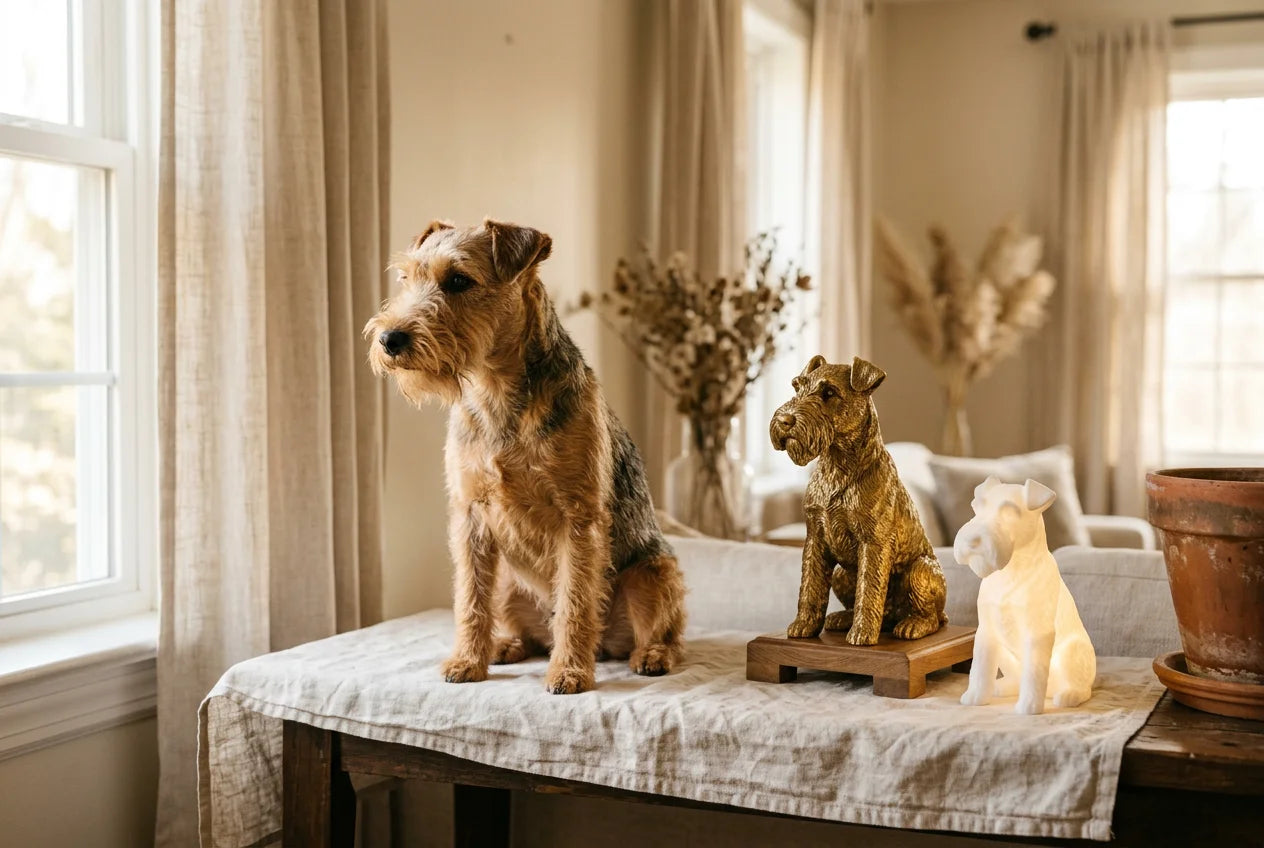 Lakeland Terrier dog in a warm editorial interior with handcrafted sculpture and luminary