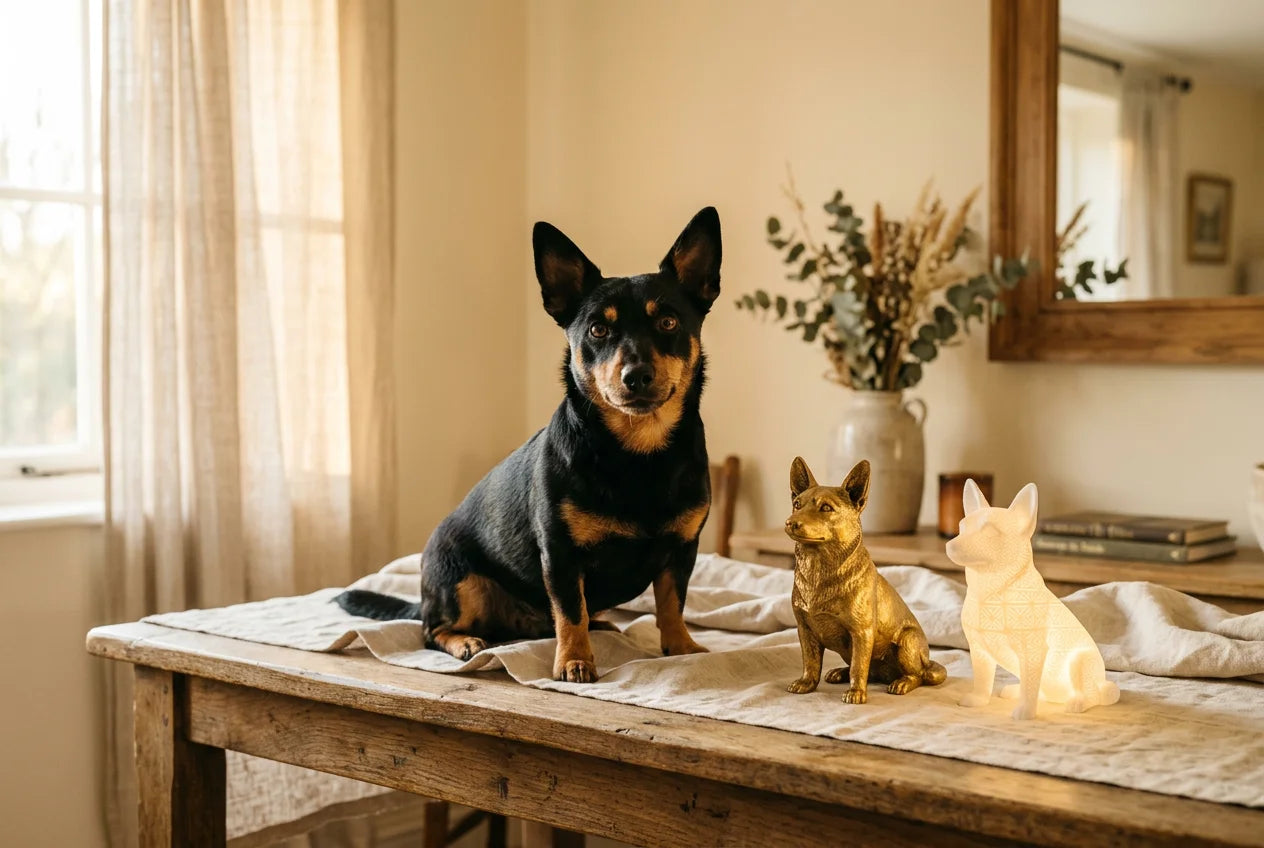 Lancashire Heeler dog in a warm editorial interior with handcrafted sculpture and luminary