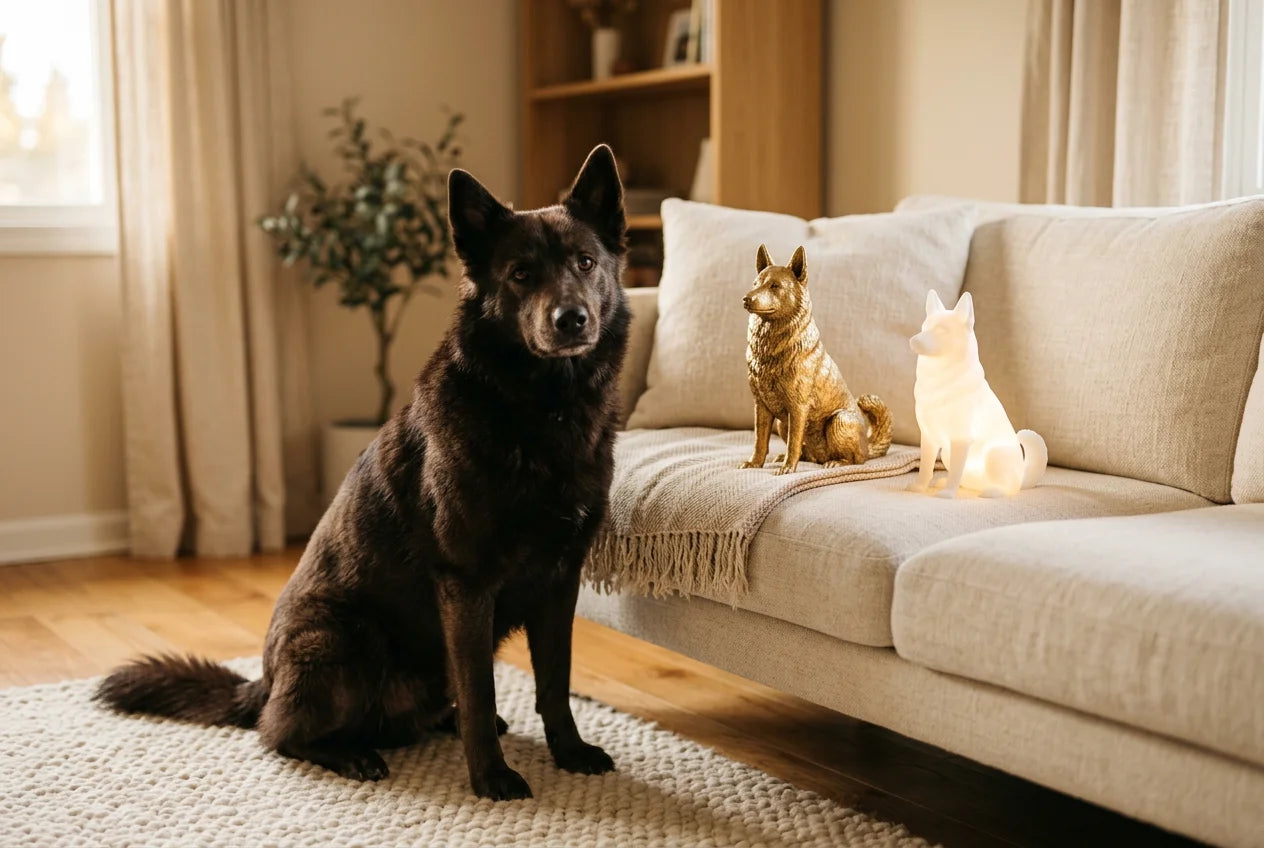Lapponian Herder dog in a warm editorial interior with handcrafted sculpture and luminary
